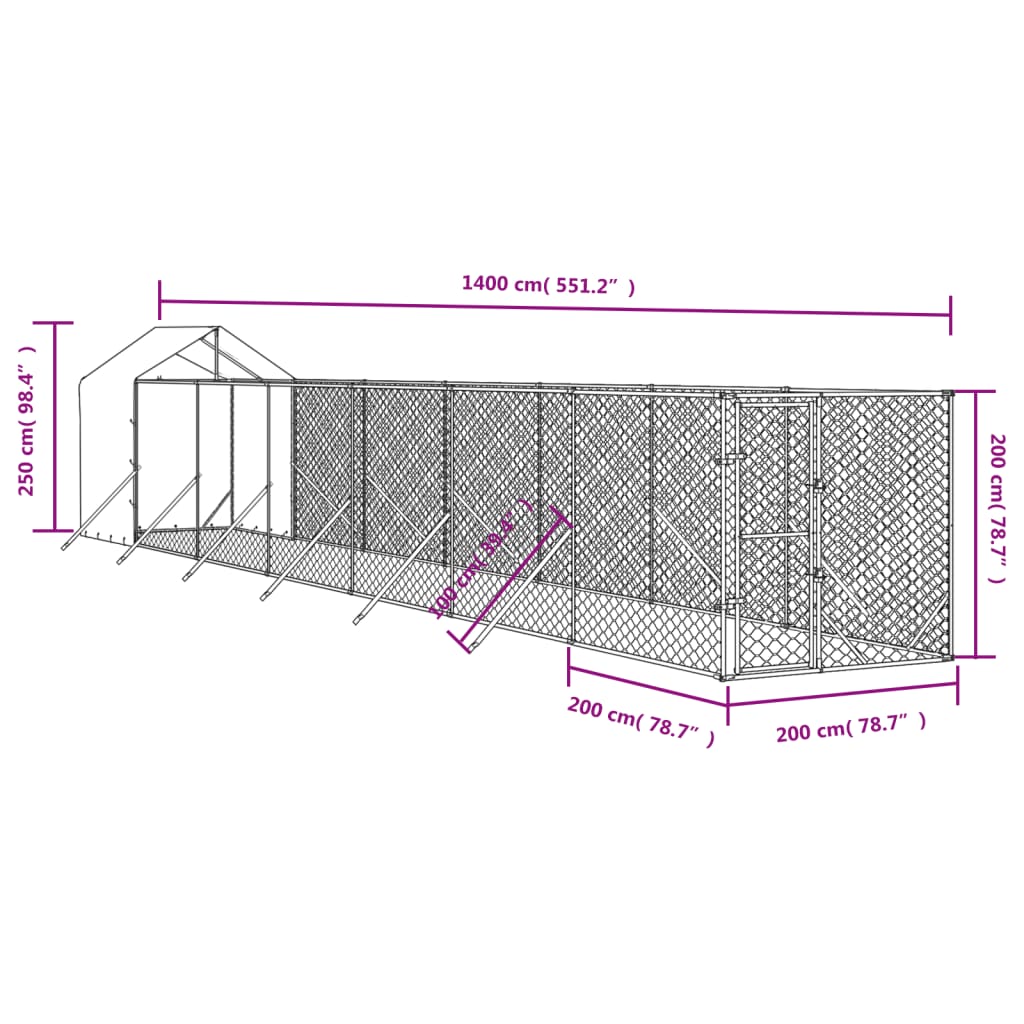 vidaXL Vanjski kavez za pse s krovom srebrni 2x14x2,5m pocinčani čelik