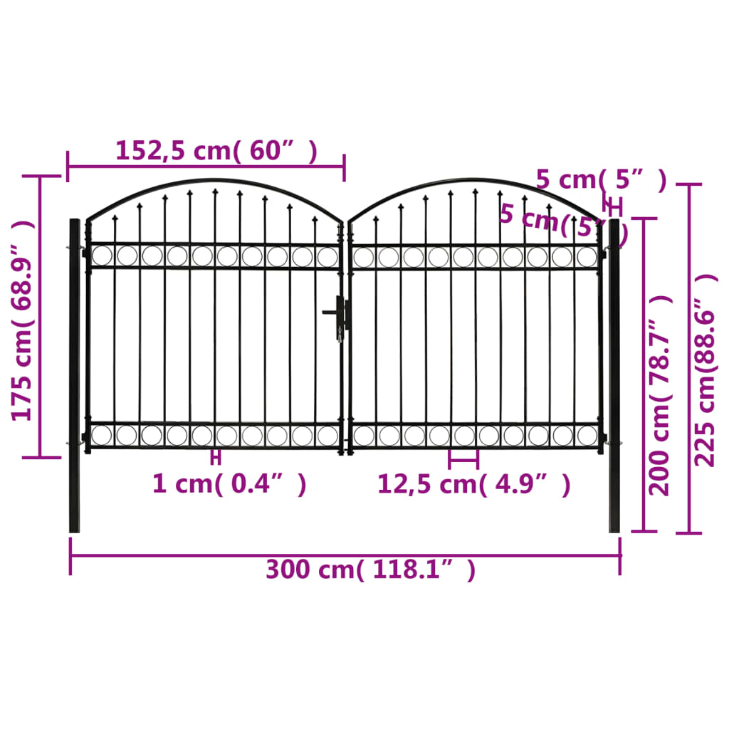 vidaXL Dvostruka vrata za ogradu s lučnim vrhom čelik 300x175 cm crna