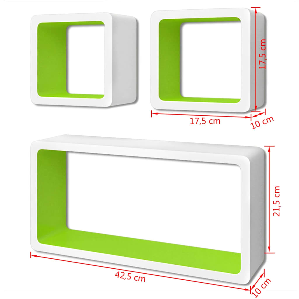 3 bijelo-zelene zidne kocke za izlaganje i pohranu knjiga/DVD-ova MDF