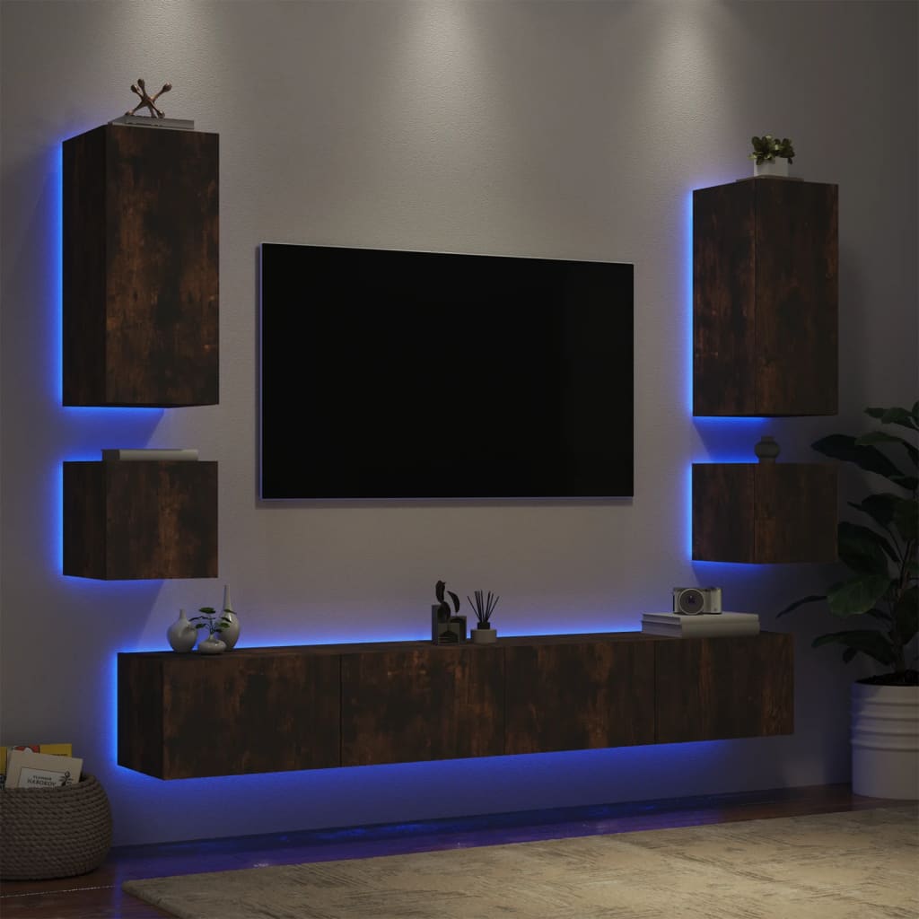 vidaXL 6-dijelni zidni TV ormarići s LED svjetlima boja hrasta