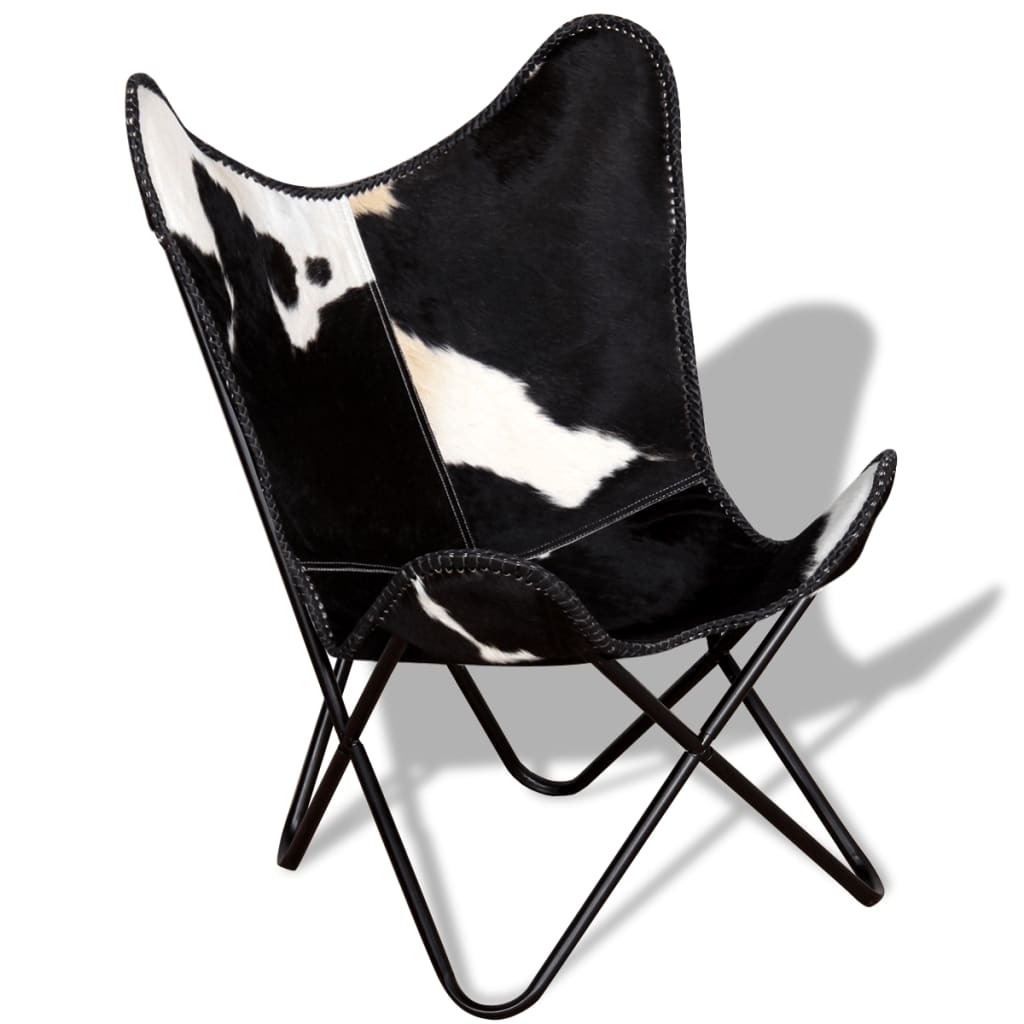vidaXL Leptir-stolica crno-bijela od prave kravlje kože