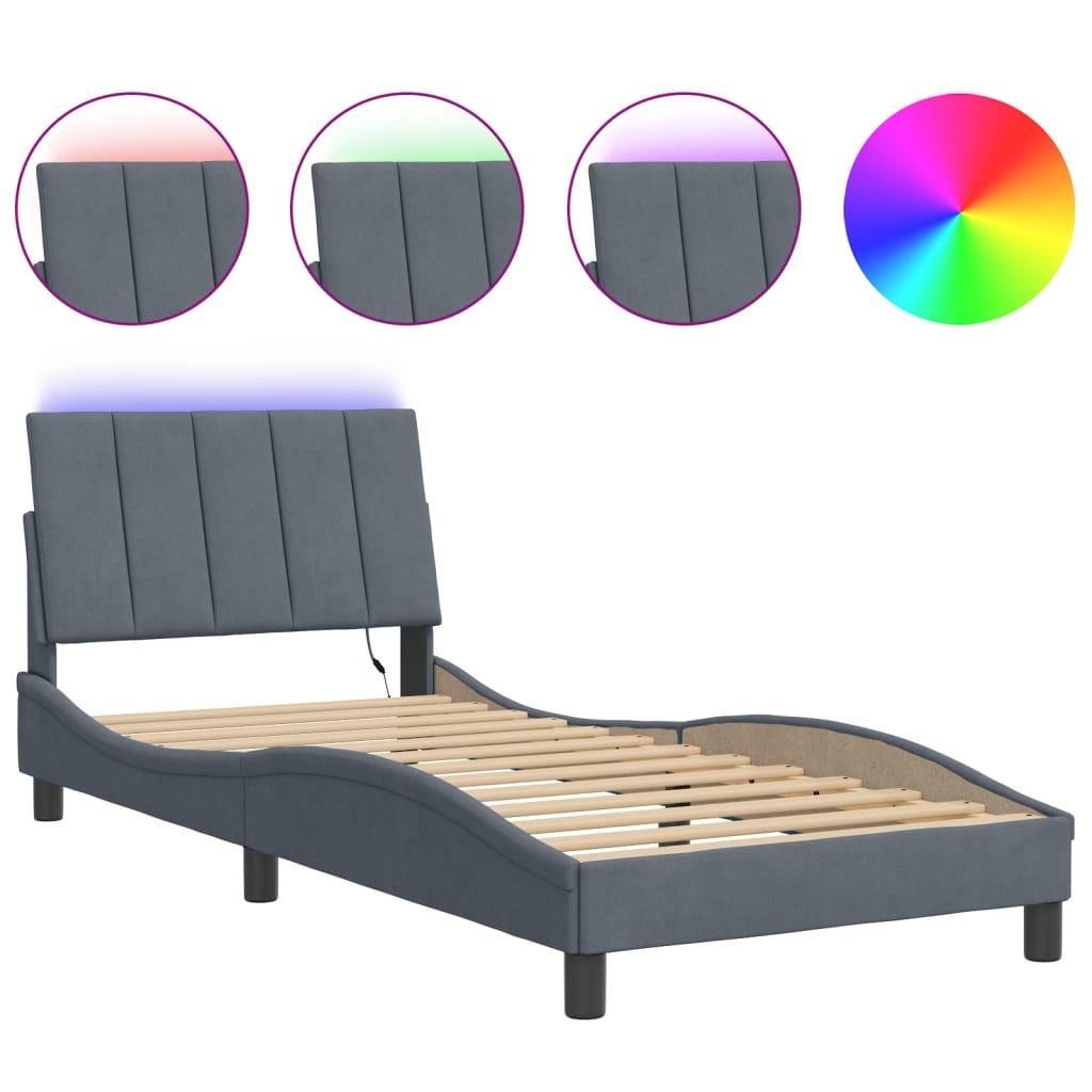 vidaXL Okvir kreveta s LED svjetlima tamnosivi 90 x 190 cm baršunasti