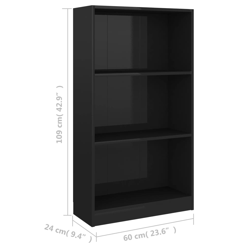vidaXL Ormarić za knjige s 3 razine sjajni crni 60x24x109 cm drveni