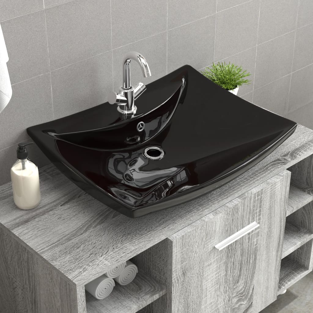 Luksuzni crni keramički pravokutni umivaonik sa preljevom i rupom za slavinu