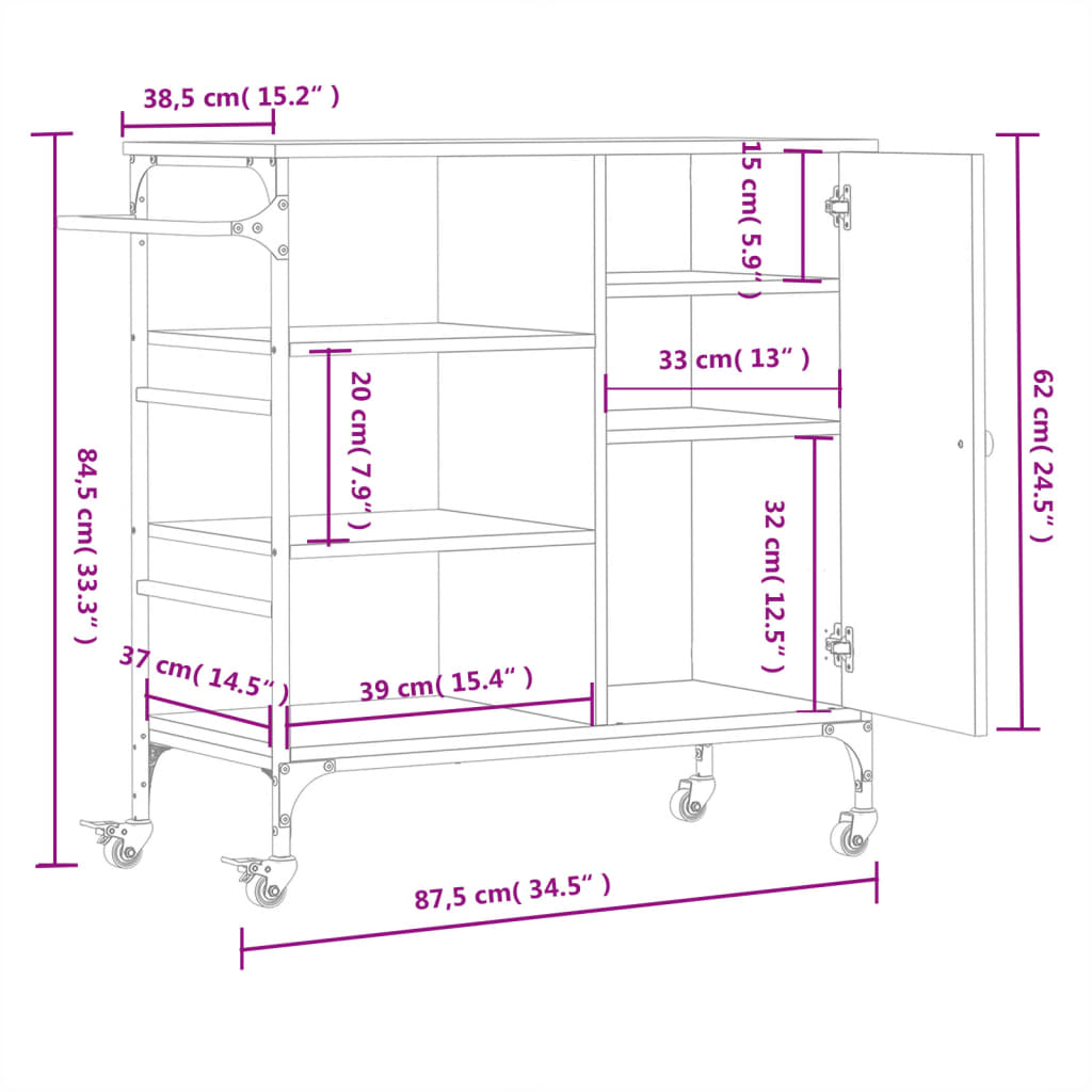 vidaXL Kuhinjska kolica boja hrasta 87,5x38,5x84,5cm konstruirano drvo