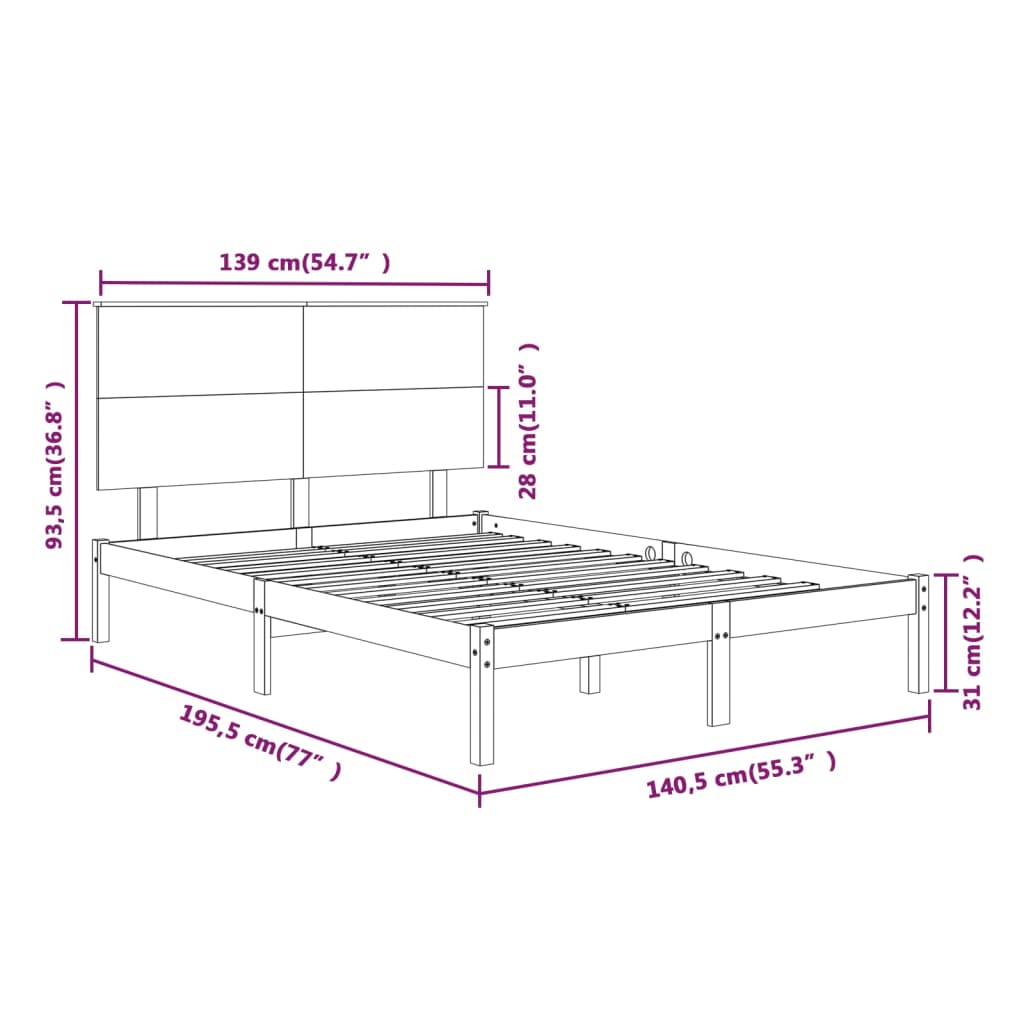 vidaXL Okvir za krevet od masivnog drva sivi 135 x 190 cm 4FT6 bračni