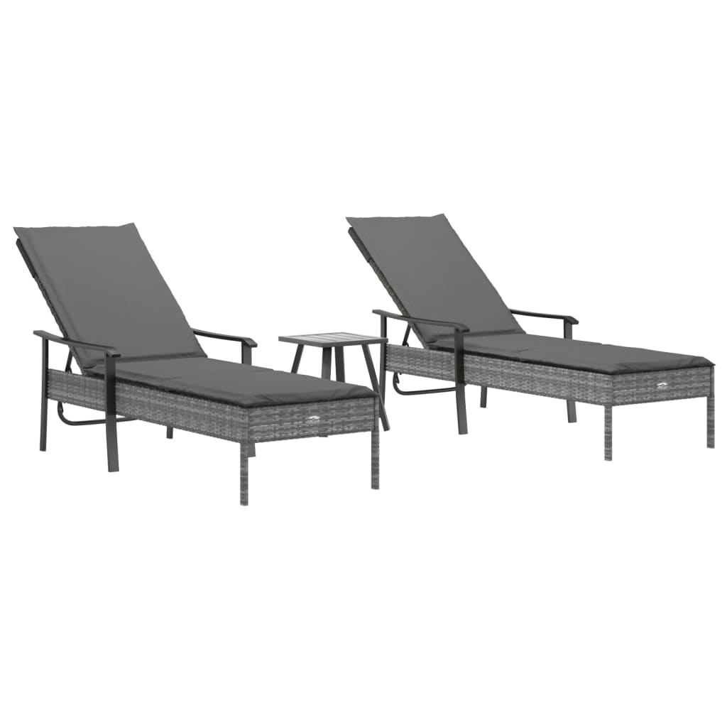 vidaXL Ležaljke za sunčanje 2 kom sa stolom i jastucima sive poliratan