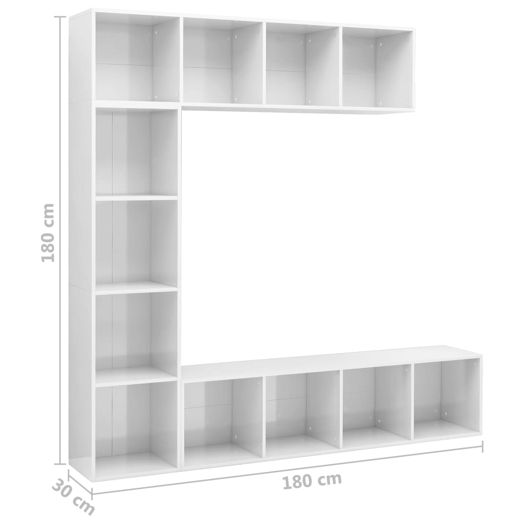 vidaXL 3-dijelni set ormarića za knjige/TV sjajni bijeli 180x30x180 cm