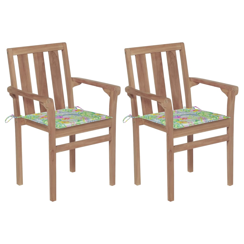 vidaXL Vrtne stolice s jastucima s uzorkom lišća 2 kom od tikovine