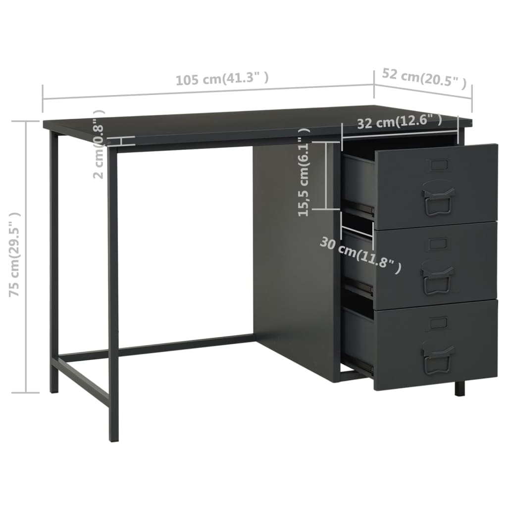 vidaXL Industrijski radni stol s ladicama antracit 105x52x75 cm čelik
