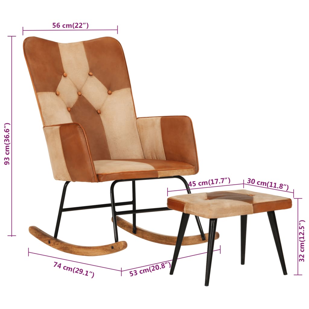 vidaXL Stolica za ljuljanje s tabureom smeđa od prave kože i platna