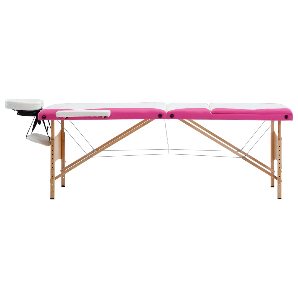 vidaXL Sklopivi stol za masažu s 3 zone drveni bijelo-ružičasti