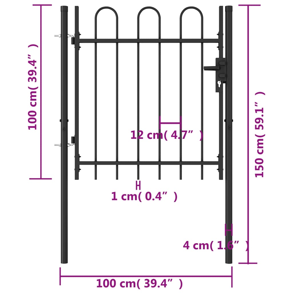 vidaXL Jednostruka vrata za ogradu s lučnim vrhom čelična 1 x 1 m crna