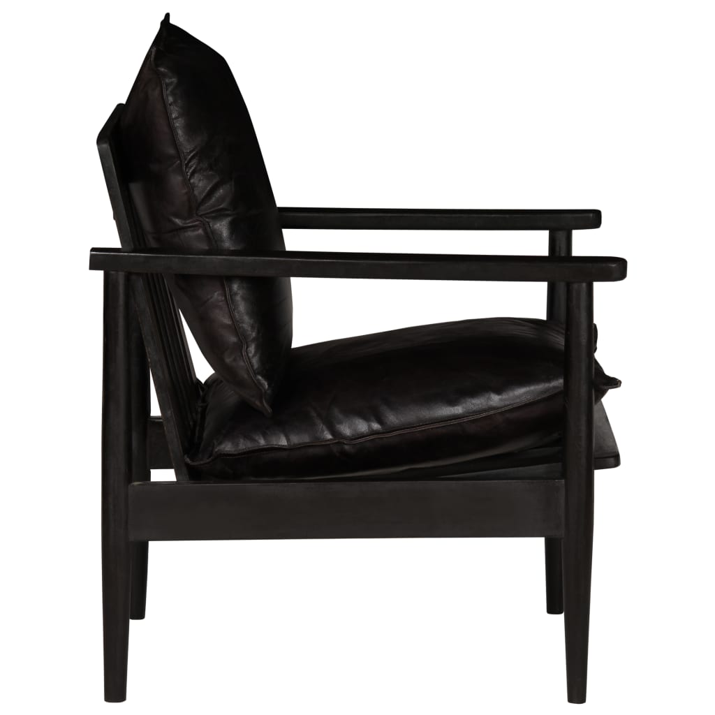 vidaXL Fotelja od prave kože i bagremovog drva crna