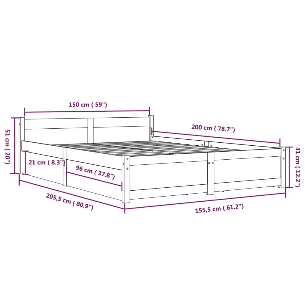 vidaXL Okvir za krevet s ladicama crni 150 x 200 cm veliki bračni