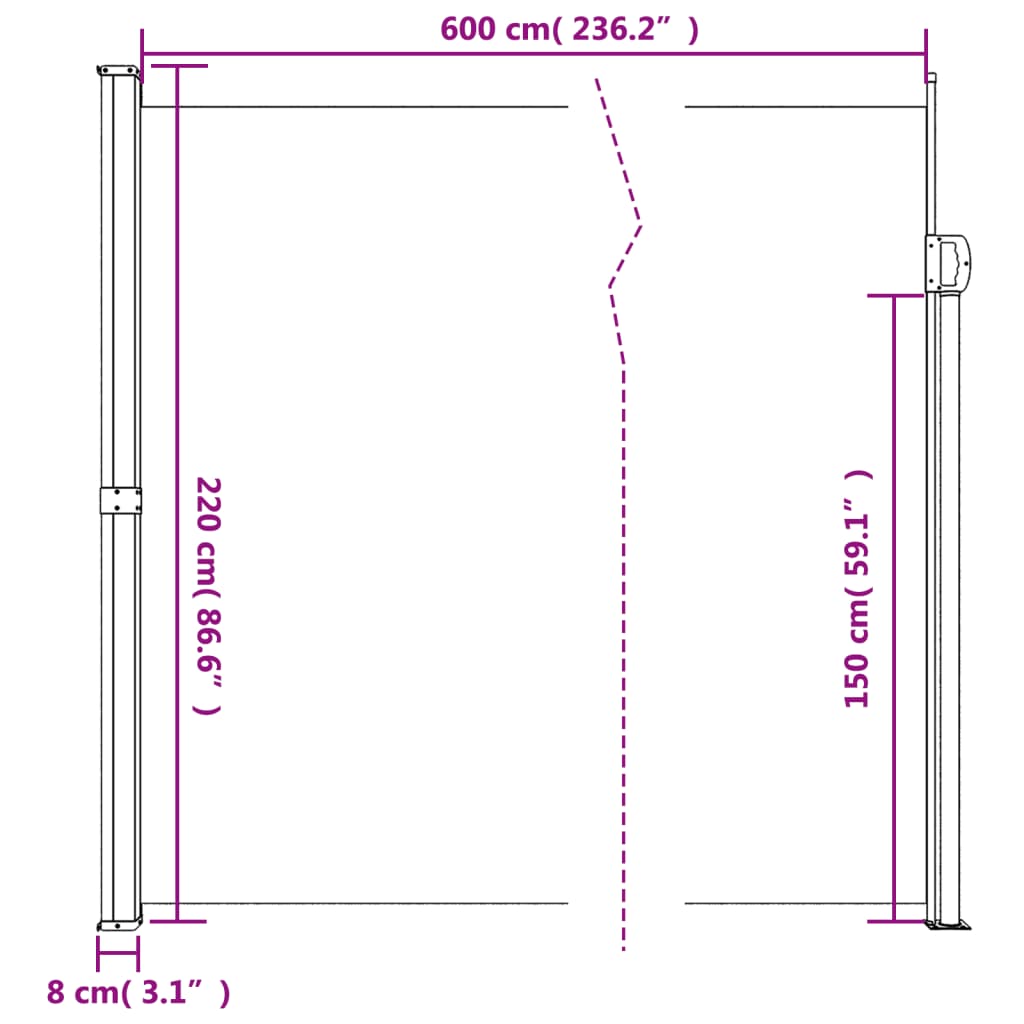 vidaXL Bočna tenda na uvlačenje crna 220 x 600 cm
