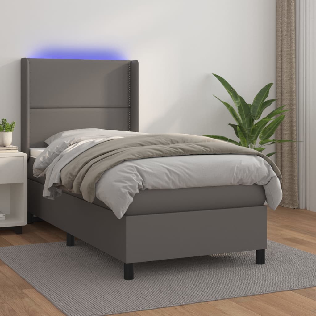 vidaXL Krevet box spring s madracem LED sivi 90x200 cm od umjetne kože