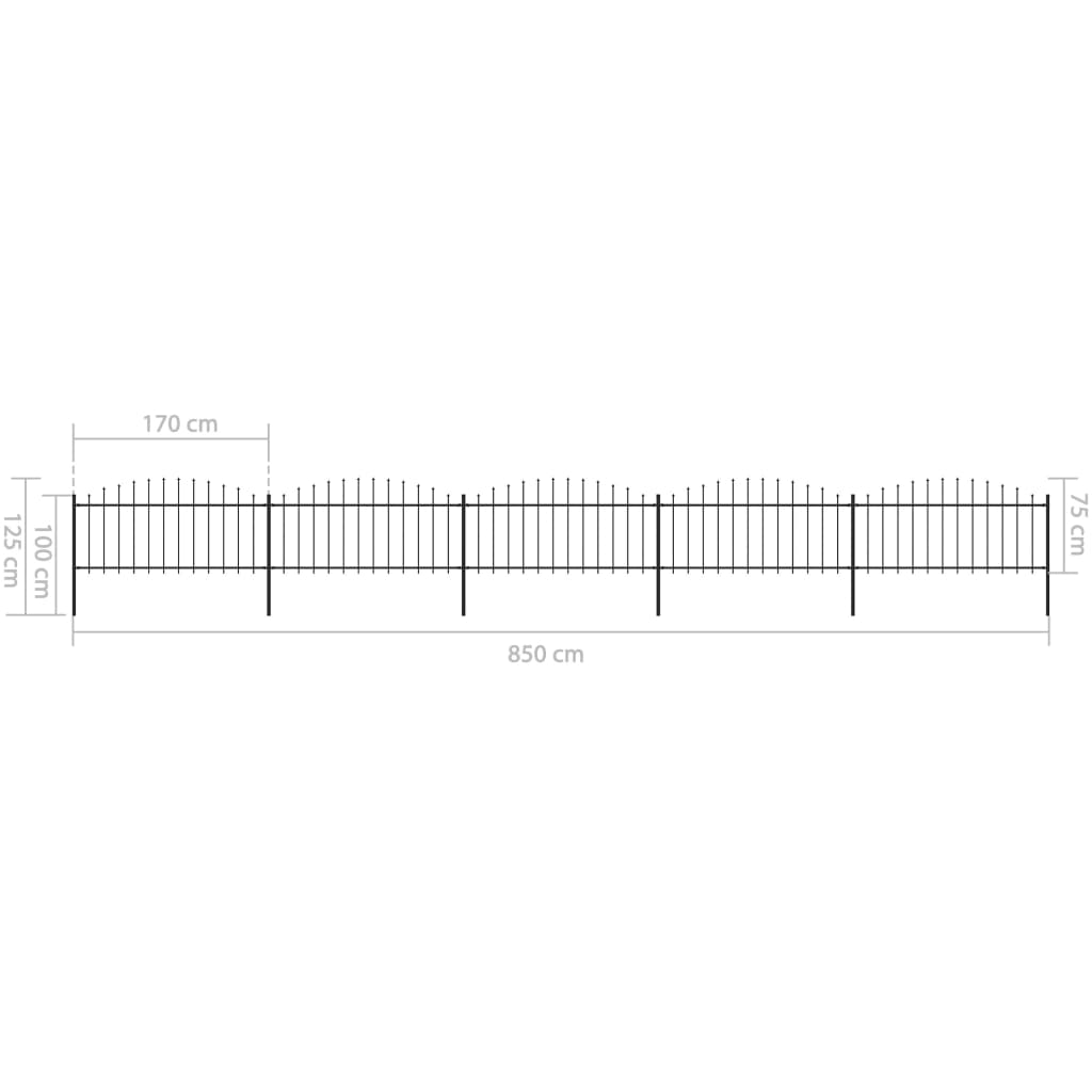 vidaXL Vrtna ograda s ukrasnim kopljima (0,5-0,75) x 8,5 m čelična crna