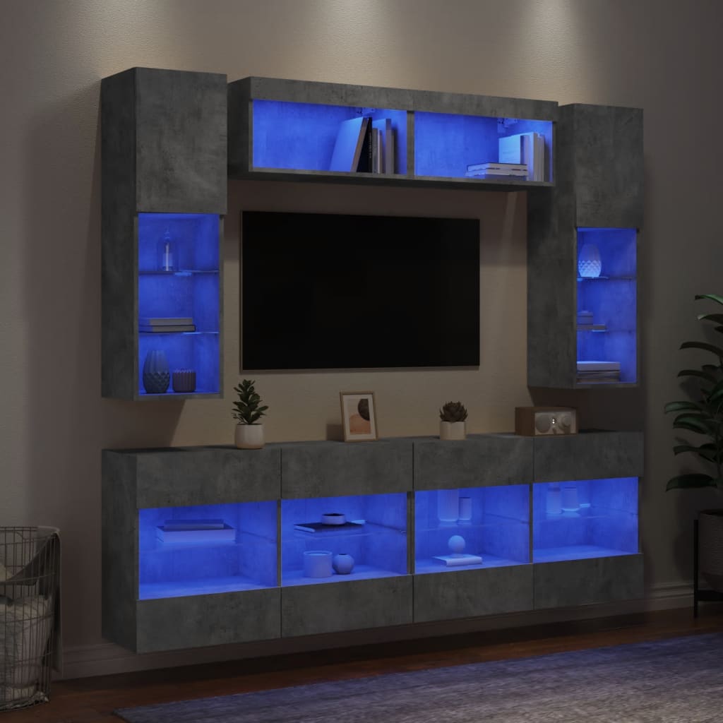 vidaXL 6-dijelni set zidnih TV ormarića s LED svjetlima boja betona