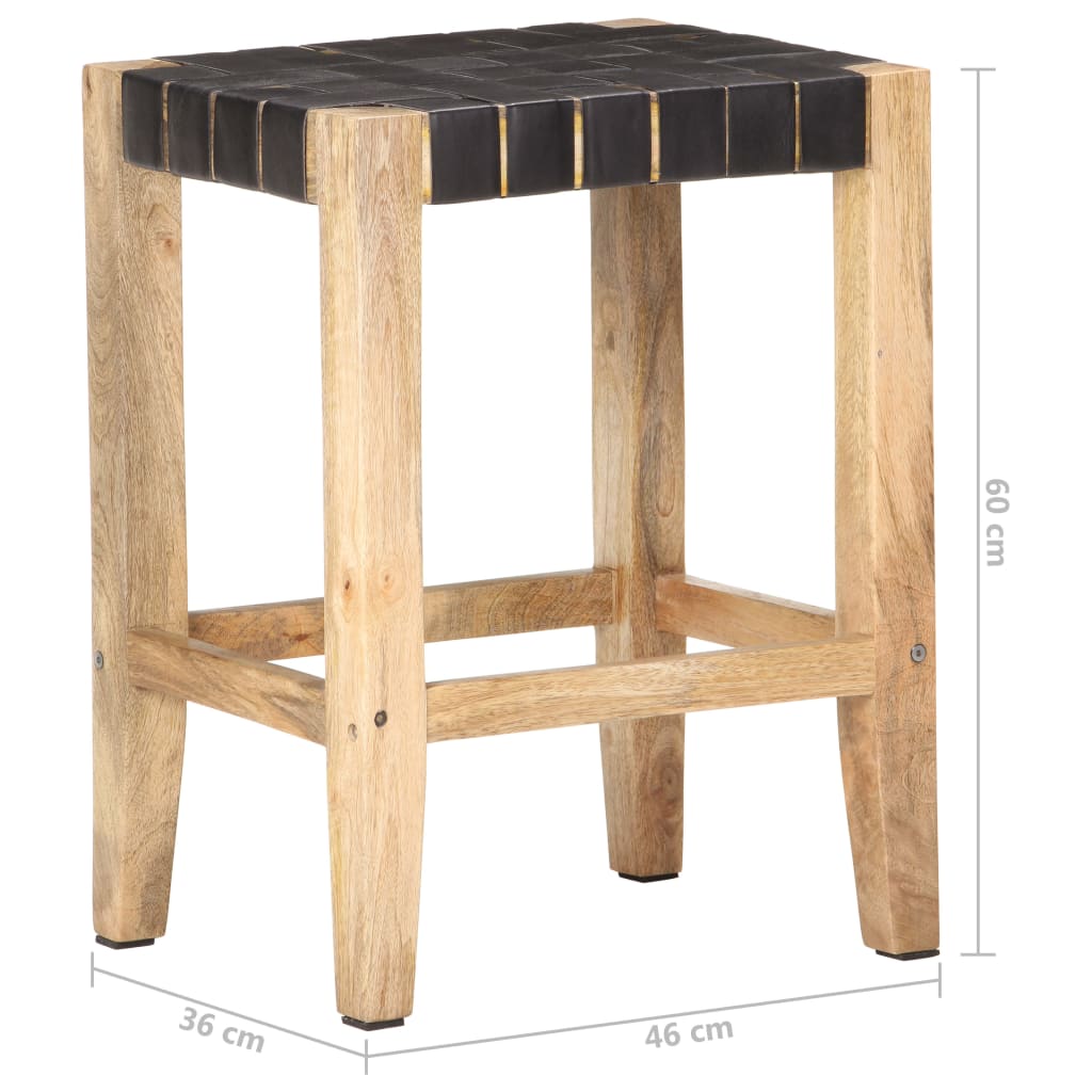 vidaXL Barski stolci 2 kom crna prava koža i drvo manga 46x36x60 cm