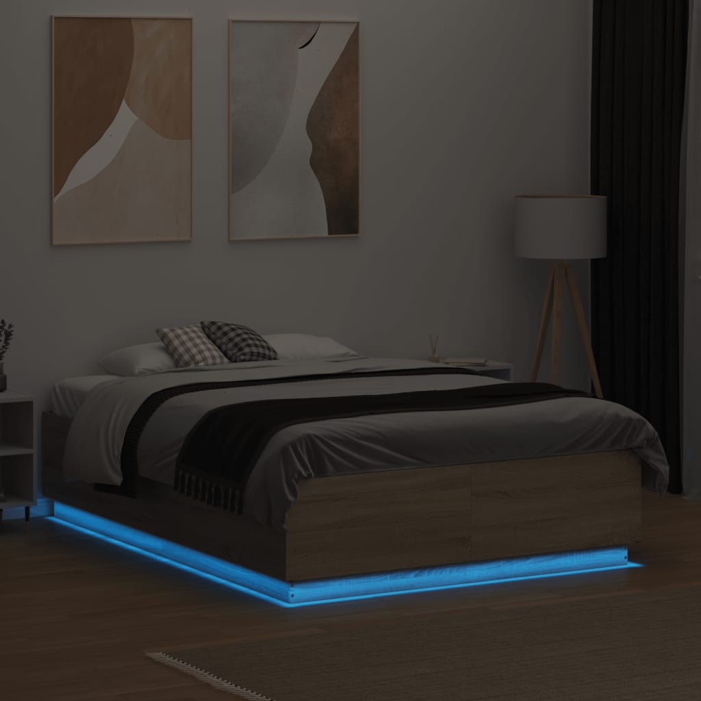 vidaXL Okvir za krevet s LED svjetlima boja hrasta 140 x 190 cm drveni