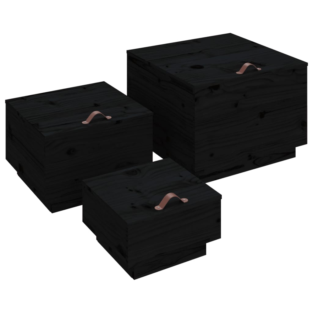vidaXL Kutije za pohranu s poklopcima 3 kom crne od masivne borovine