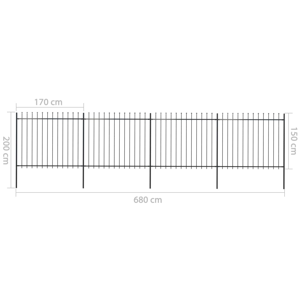 vidaXL Vrtna ograda s ukrasnim kopljima čelična 6,8 x 1,5 m crna