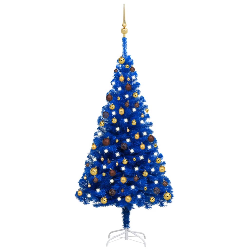 vidaXL Umjetno osvijetljeno božićno drvce s kuglicama plavo 150 cm PVC