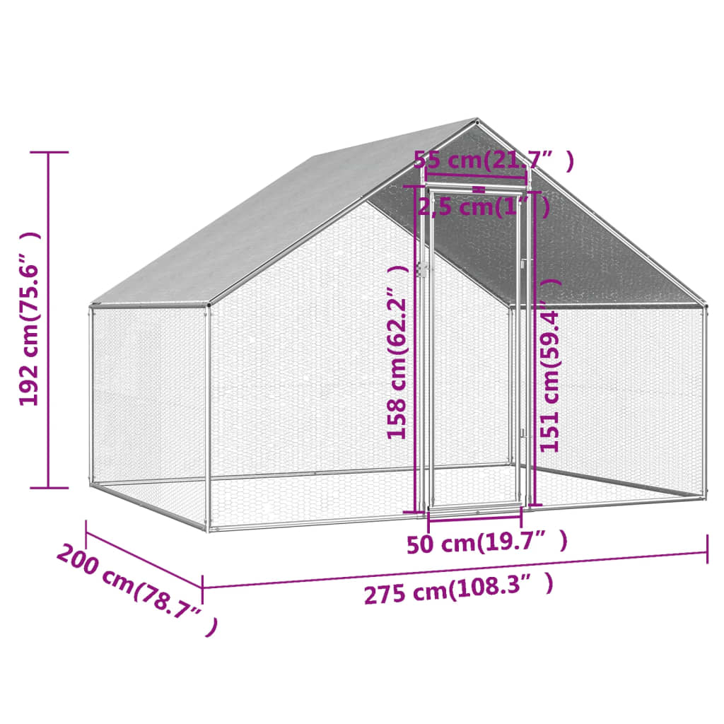 vidaXL Vanjski kavez za kokoši od pocinčanog čelika 2,75 x 2 x 1,92 m