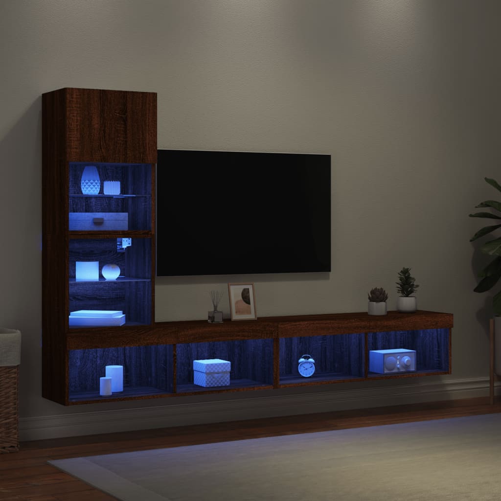 vidaXL 4-dijelni zidni TV elementi s LED svjetlima boja smeđeg hrasta