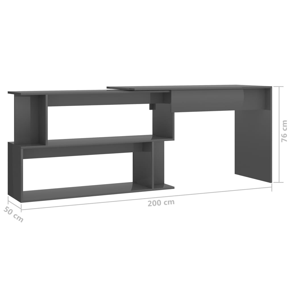 vidaXL Kutni radni stol sjajni sivi 200 x 50 x 76 cm konstruirano drvo