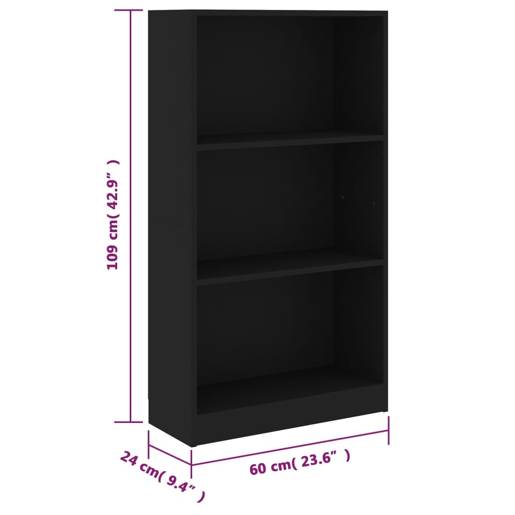 vidaXL Ormarić za knjige s 3 razine crni 60 x 24 x 109 cm drveni