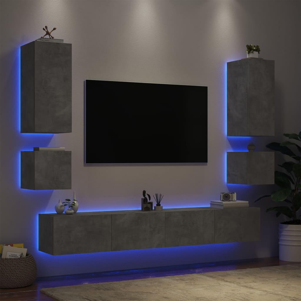 vidaXL 6-dijelni zidni TV ormarići s LED svjetlima siva boja betona
