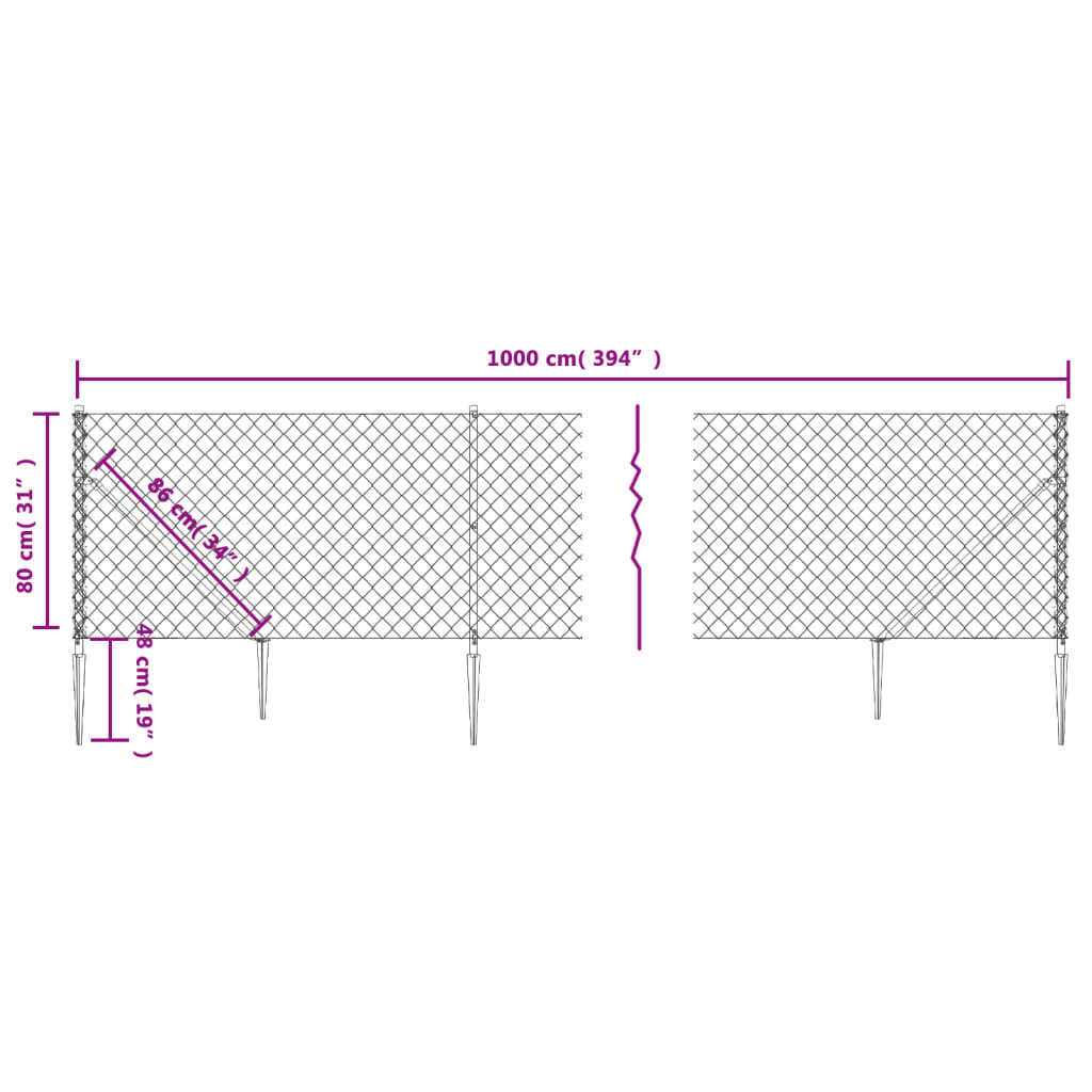 vidaXL Žičana ograda sa šiljastim držačima srebrna 0,8 x 10 m
