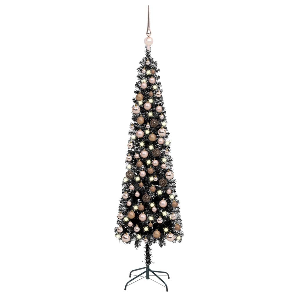 vidaXL Tanko osvijetljeno božićno drvce s kuglicama crno 180 cm