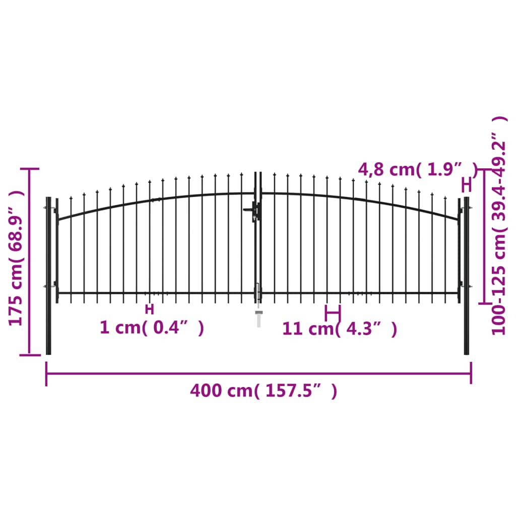 vidaXL Dvostruka vrata za ogradu s kopljima na vrhu 400 x 175 cm