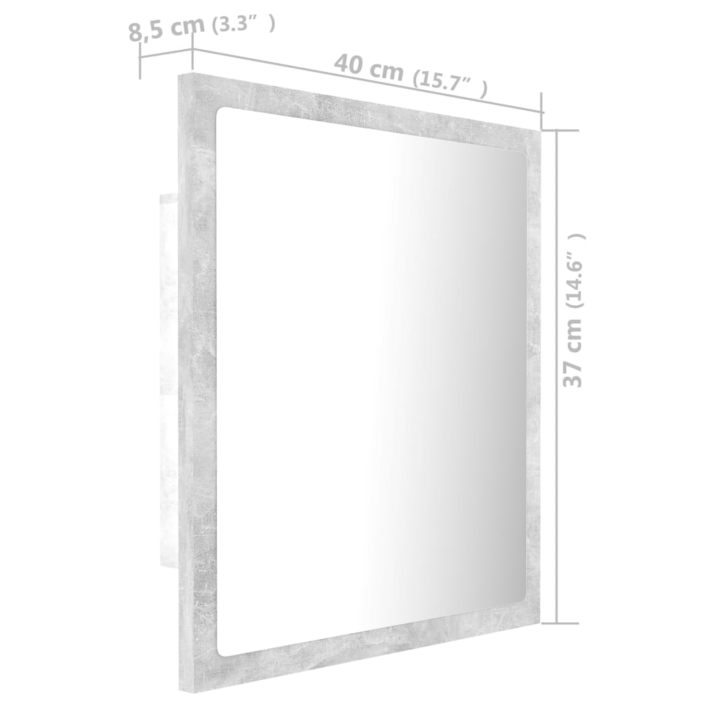 vidaXL LED kupaonsko ogledalo siva boja betona 40x8,5x37 cm akrilno