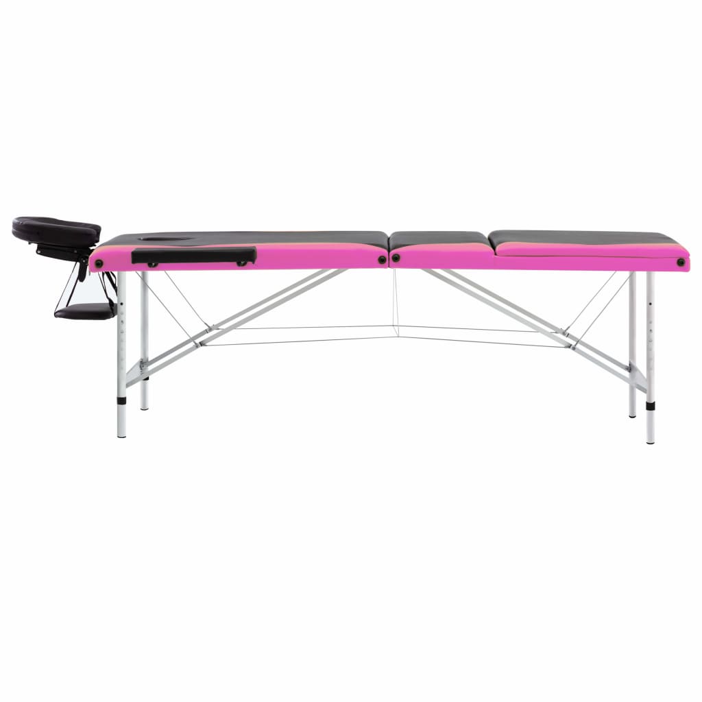 vidaXL Sklopivi stol za masažu s 3 zone aluminijski crno-ružičasti