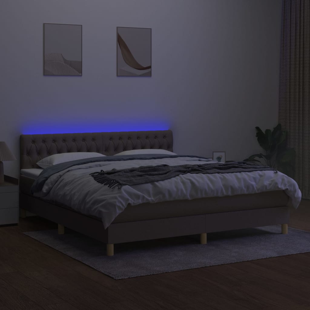vidaXL Krevet box spring s madracem LED smeđesivi 180x200 cm tkanina