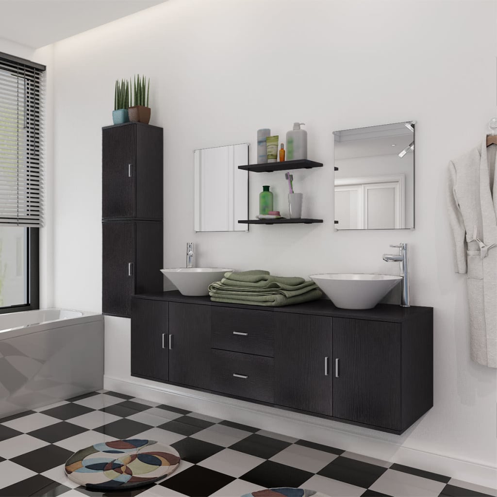 vidaXL 11-dijelni set kupaonskog namještaja s umivaonikom i slavinom crni