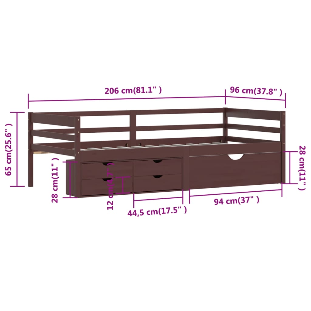vidaXL Okvir za krevet i ladice/ormarić tamnosivi 90 x 200 cm borovina