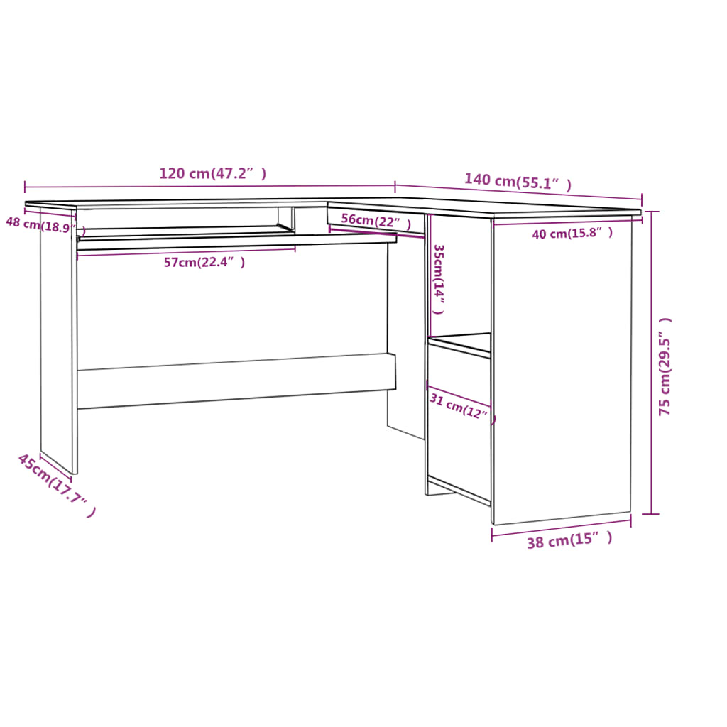 vidaXL Kutni radni stol visoki sjaj bijeli 120 x 140 x 75 cm iverica