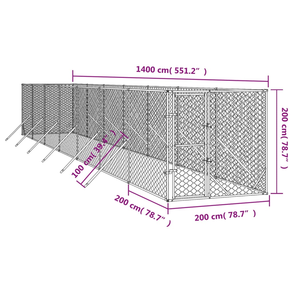 vidaXL Vanjski kavez za pse srebrni 2 x 14 x 2 m od pocinčanog čelika