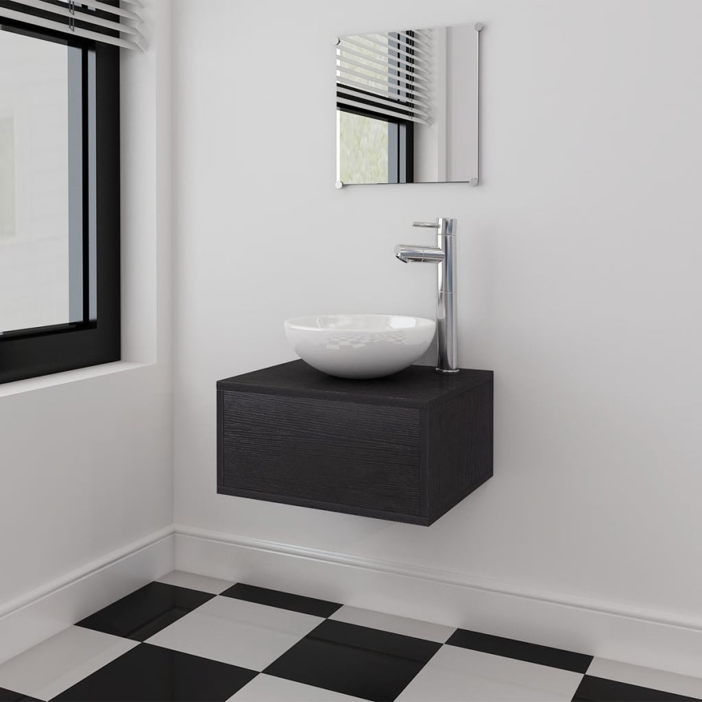 vidaXL 4-dijelni set kupaonskog namještaja s umivaonikom i slavinom crni