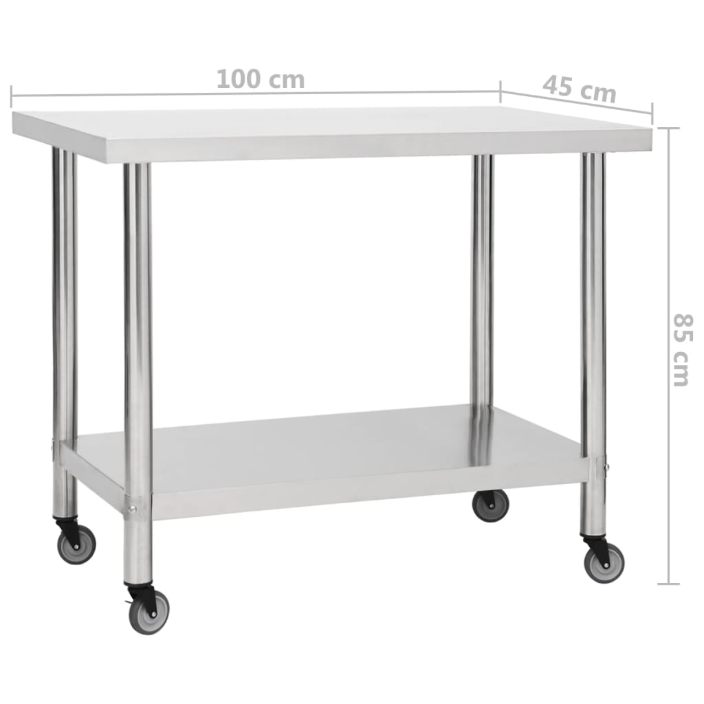 vidaXL Kuhinjski radni stol s kotačima 100x45x85 cm nehrđajući čelik