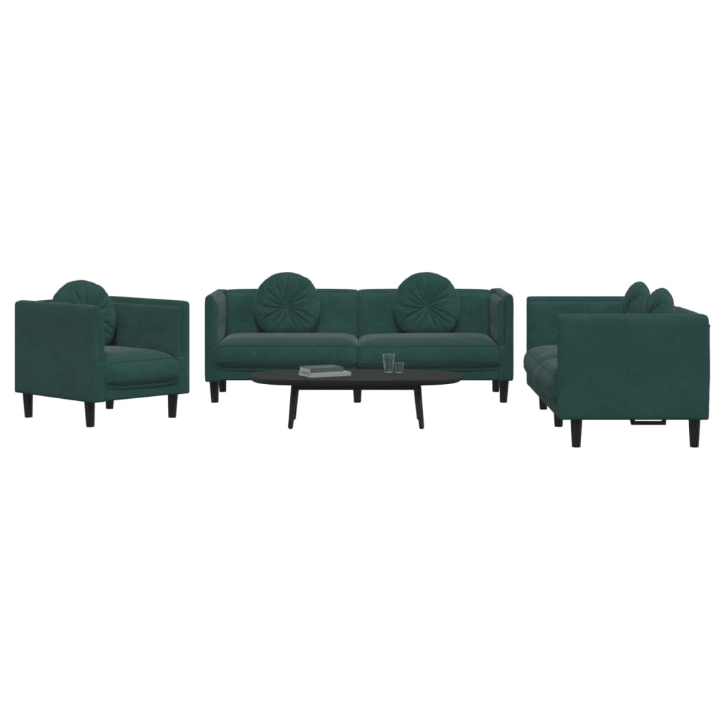 vidaXL 3-dijelni set sofa s jastucima tamnozeleni baršunasti