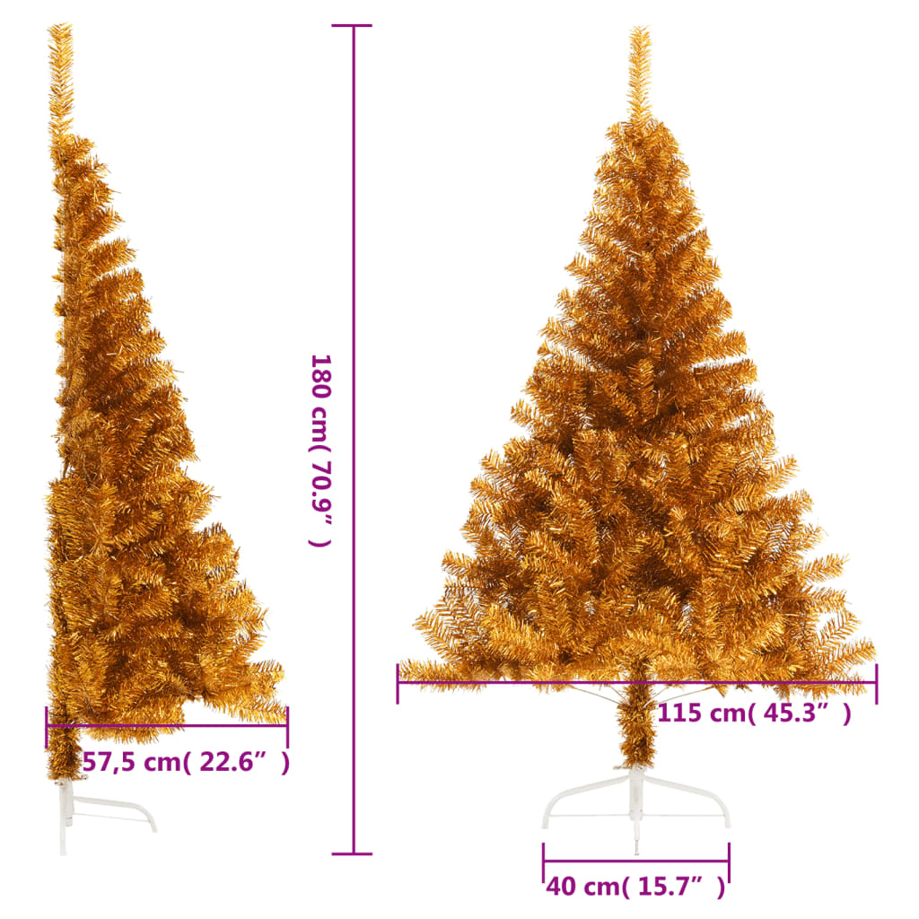 vidaXL Umjetna polovica božićnog drvca sa stalkom zlatna 180 cm PET