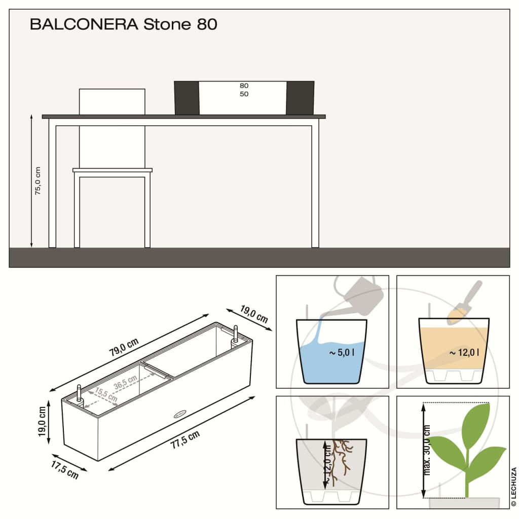 LECHUZA posuda za sadnju BALCONERA Stone 80 ALL-IN-ONE crna