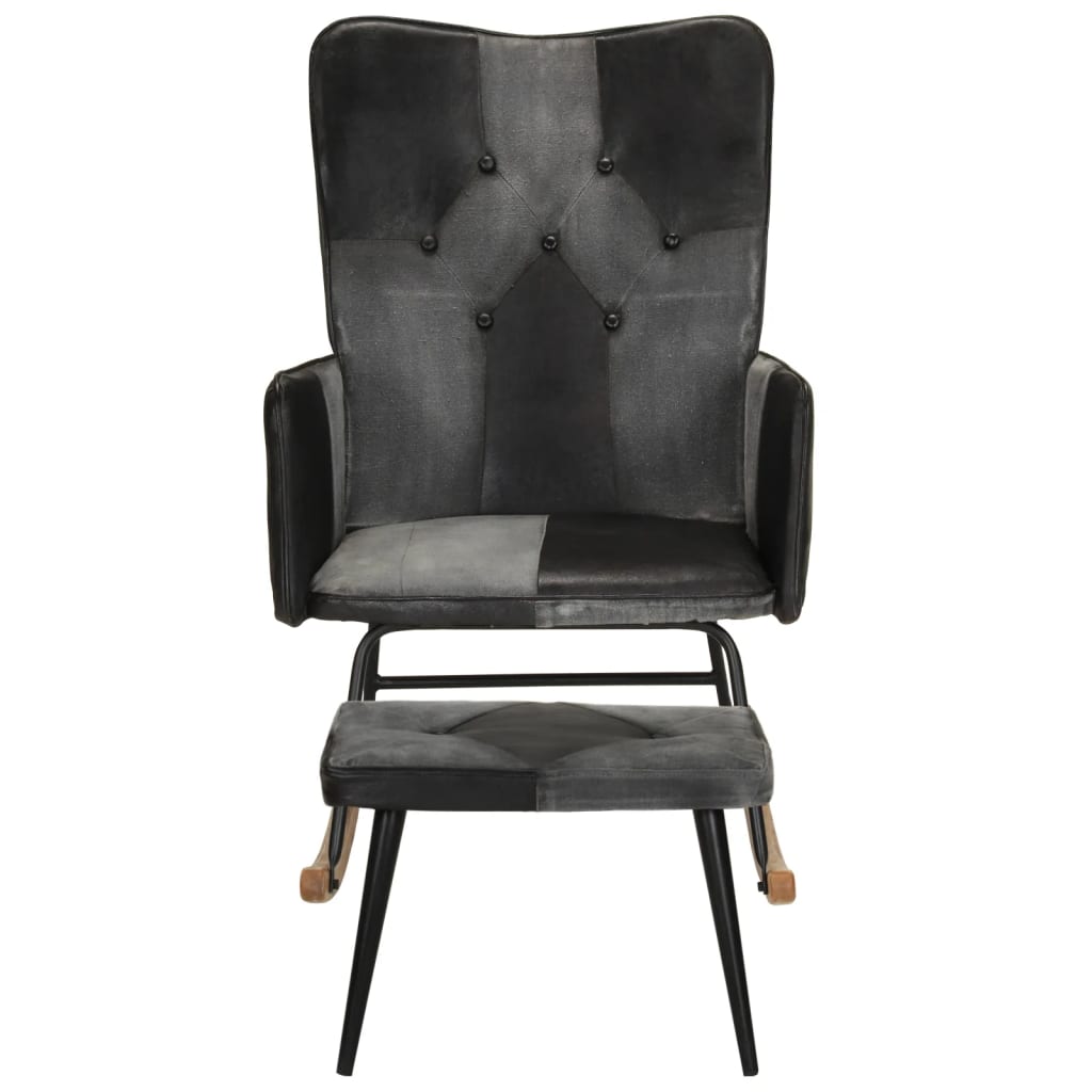 vidaXL Stolica za ljuljanje s tabureom crna od prave kože i platna