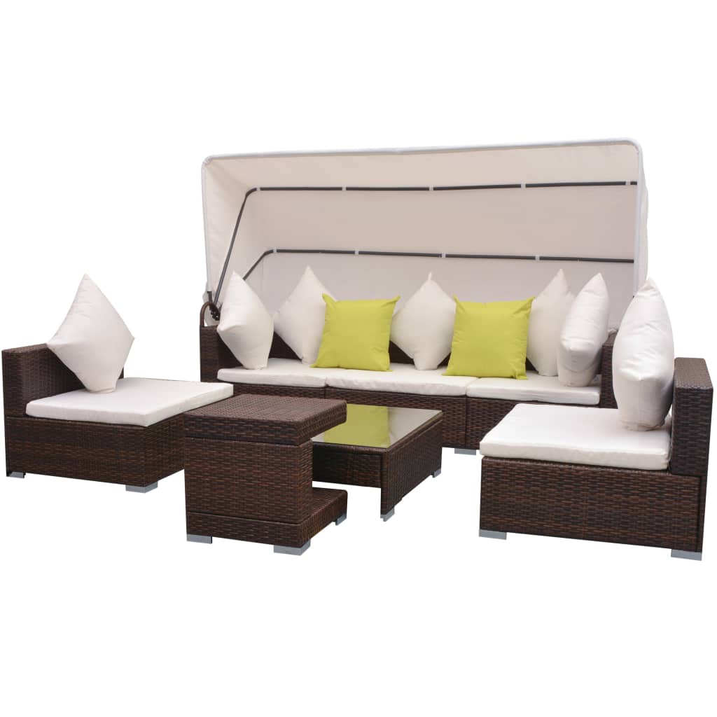 vidaXL 7-dijelni vrtni lounge set s baldahinom poli ratan smeđi